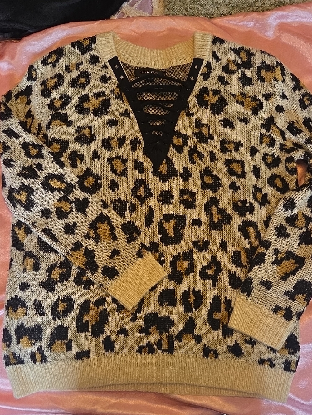 Love Tree Leopard-Print V-Neck Lace-Up Sweater - Tan, Black, Gold